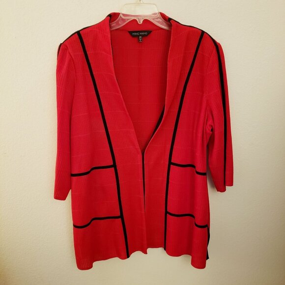 Ming Wang Red Cardigan with Black Trim Open Front 3/4th Sleeve Size 24/26W EUC - Picture 2 of 12